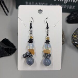 Snowflake Obsidian & Dyed Orange Quartz Rose Gold Totem Earrings